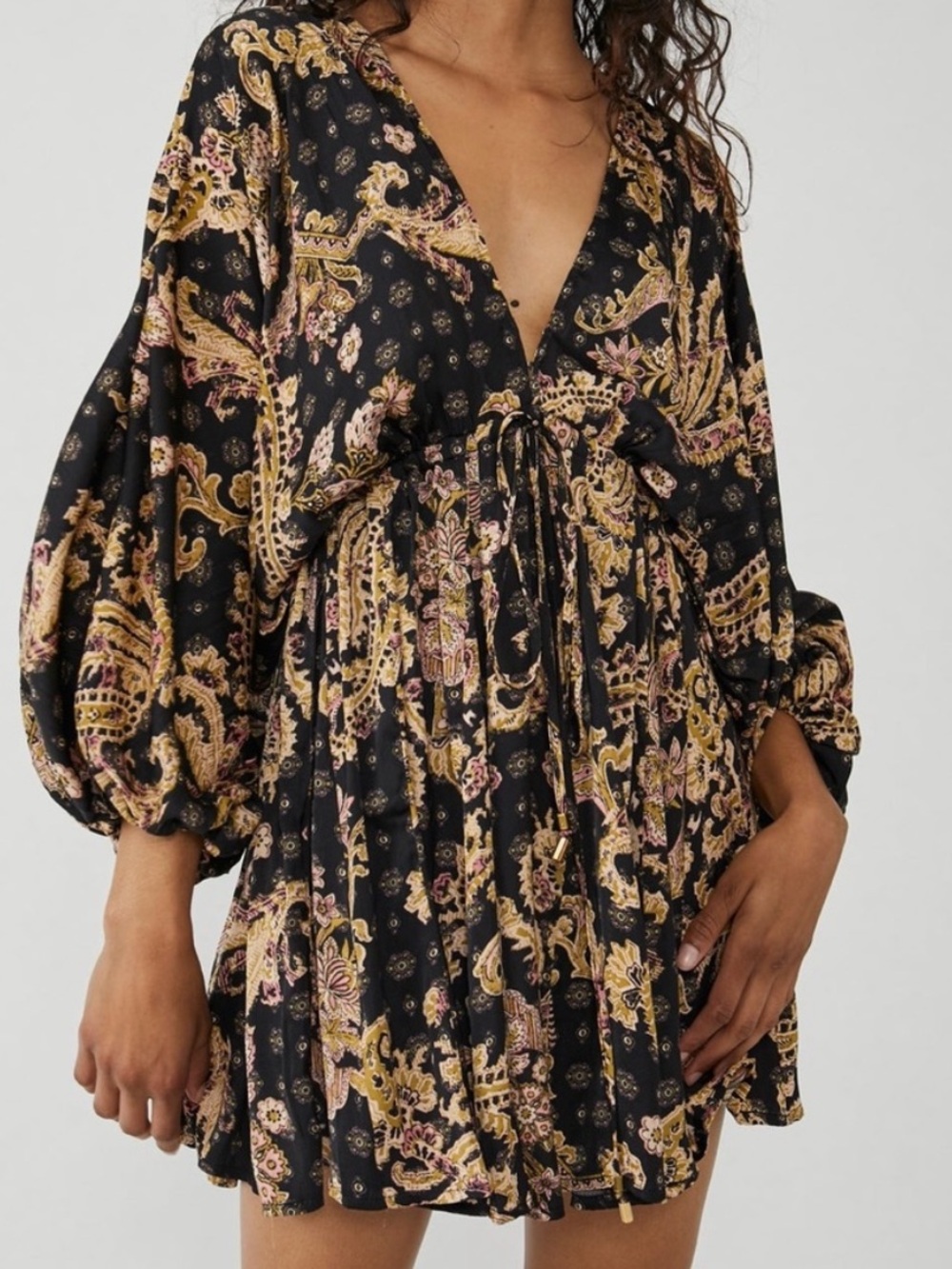 Free People Arzel Printed Long Sleeve Mini Dress Black